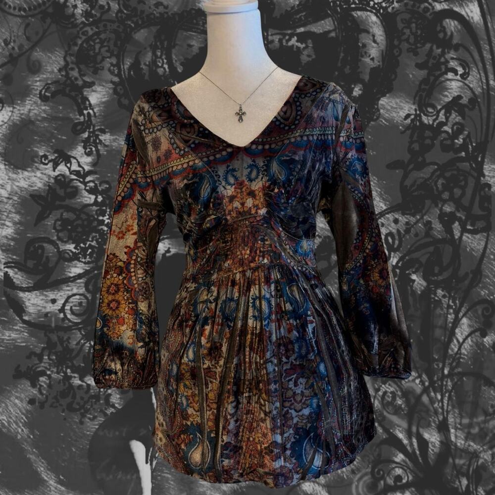 intricate baroque earthy fiery rust brown velour tunic boho grunge whimsical top
